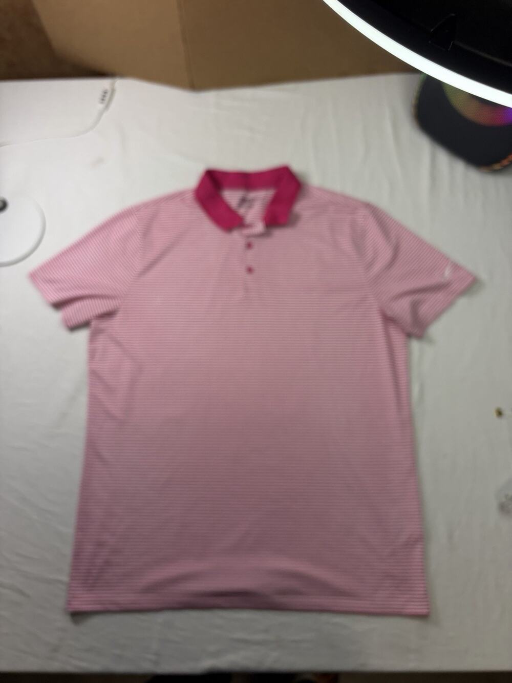 Nike Golf Polo Men’s L Pink White Stripe Dri-FIT Standard Fit Performance